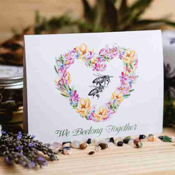 We belong together card with bee in a floral wreath