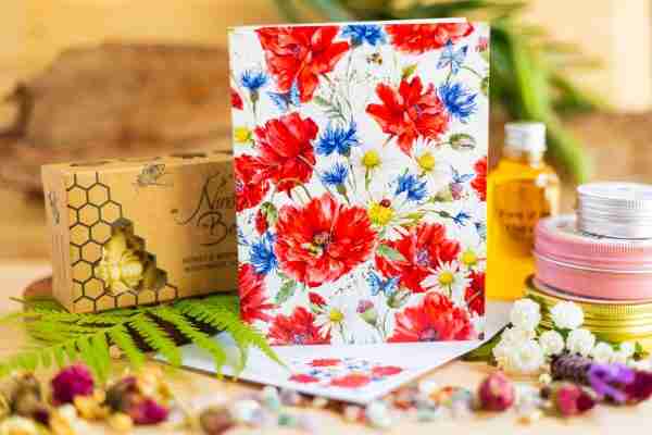 Bees, poppies and cornflowers eco-friendly greeting card by Nina’s Bees on recycled matte stock