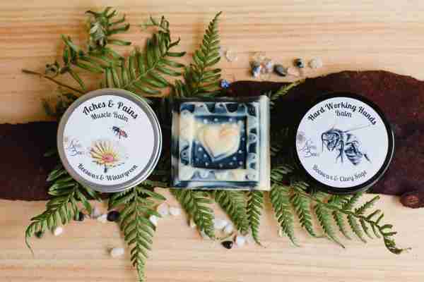 Nina's Bees Gift Pack for Men with Hard Working Hands Balm, Aches and Pains Muscle Balm, and Honey with Charcoal Soap in eco-friendly packaging