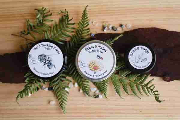 Men’s gift pack from Nina’s Bees with muscle balm, hand balm, and beard balm in eco-friendly packaging"