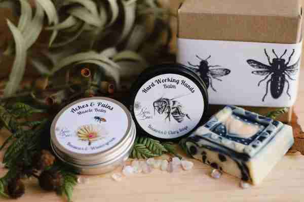 Nina's Bees Gift Pack for Men with Hard Working Hands Balm, Aches and Pains Muscle Balm, and Honey with Charcoal Soap in eco-friendly packaging