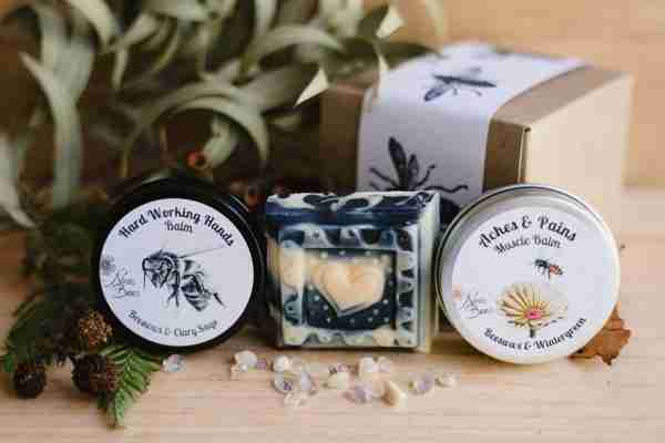 Nina's Bees Gift Pack for Men with Hard Working Hands Balm, Aches and Pains Muscle Balm, and Honey with Charcoal Soap in eco-friendly packaging