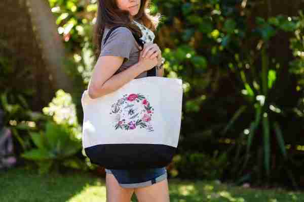 Canvas tote bag with bees and flowers