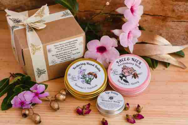 Nina's Bees Gift Pack for Her with Revitalising Face Balm, Restoring Hand Balm, and Honey Lip Balm in eco-friendly packaging