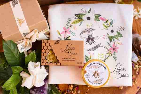 Nina’s Bees Versatile Gift Box with canvas tote bag, honey and beeswax soap, and natural lip balm in eco-friendly packaging"