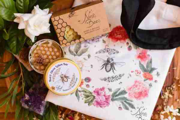 Nina’s Bees Versatile Gift Box with canvas tote bag, honey and beeswax soap, and natural lip balm in eco-friendly packaging